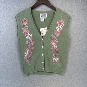 Vintage Lacy Afternoon Vest Sweater Womens Size Small Ribbon Lace Floral Beaded